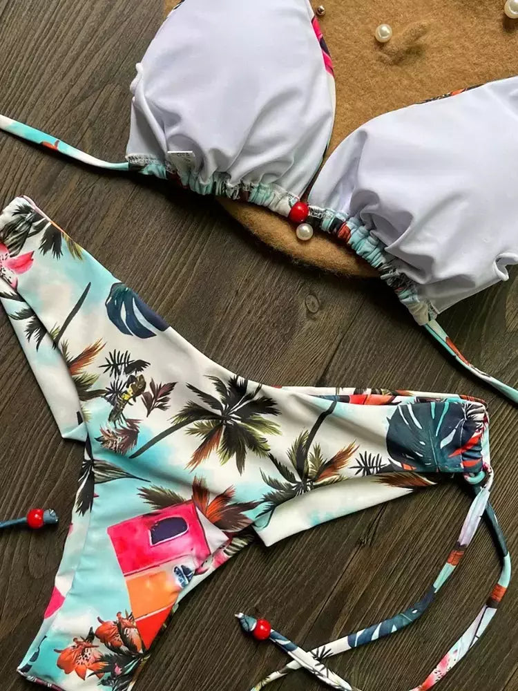 OIINAA-maiô sexy para mulheres, moda praia estampa halter, conjunto de biquíni com renda, maiô verão, moda praia sexy com cordão, 2 peças