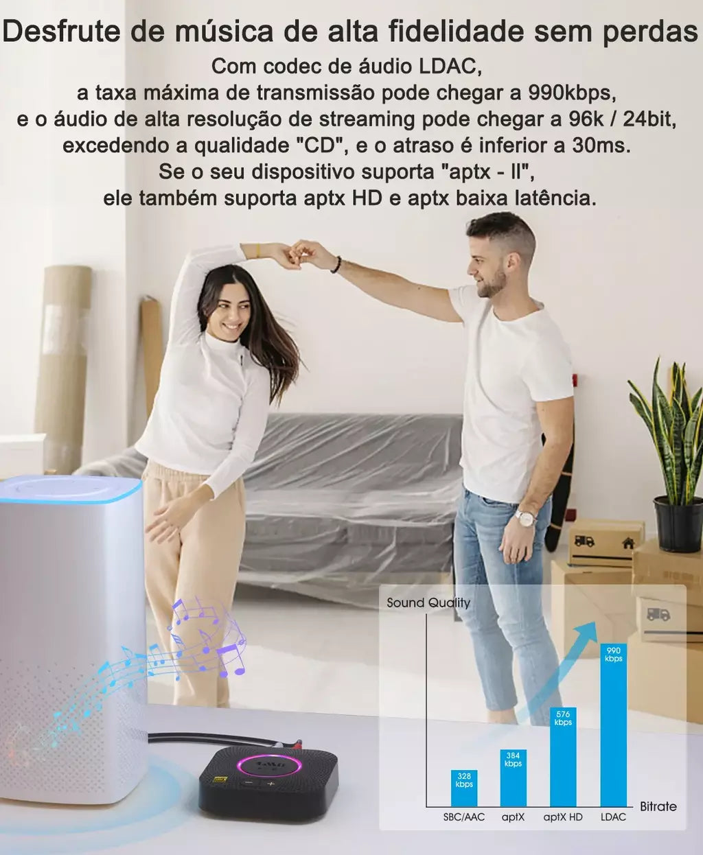 1Mii B06S+ Receptor Bluetooth 5.2, adaptador de áudio HiFi com LDAC Aptx HD&LL, áudio de alta resolução de longo alcance com controle de volume