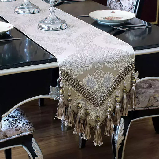 Corredor de mesa de luxo bordado moderno jacquard damasco floral corredores de mesa de luxo placemats jacquard mesa de café decoração borlas