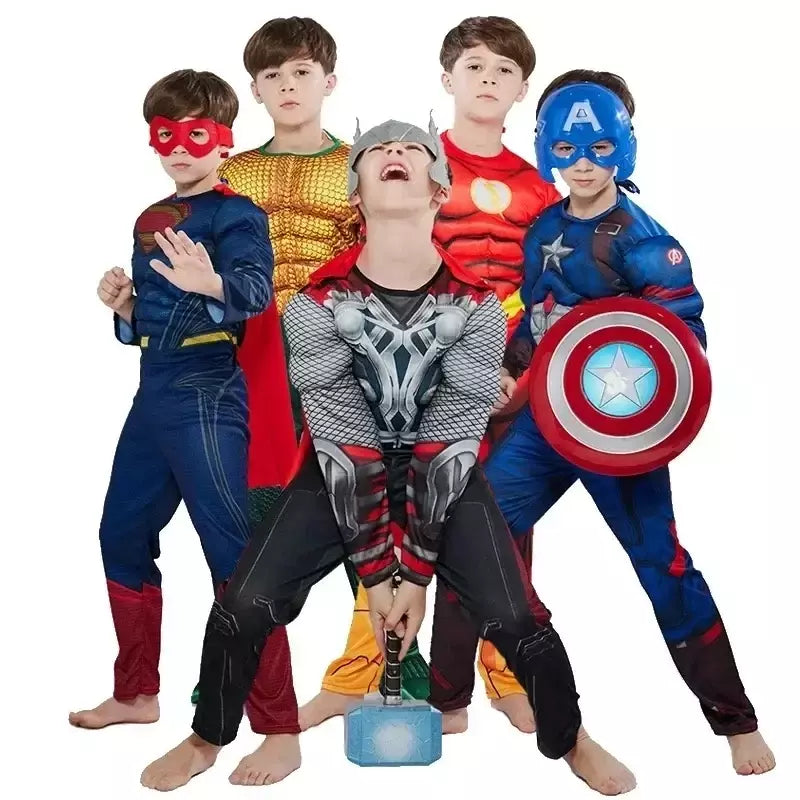 Super-herói homem aranha capitão américa homem de ferro thor hulk batman cosplay traje muscular bodysuit macacão para crianças festa de halloween