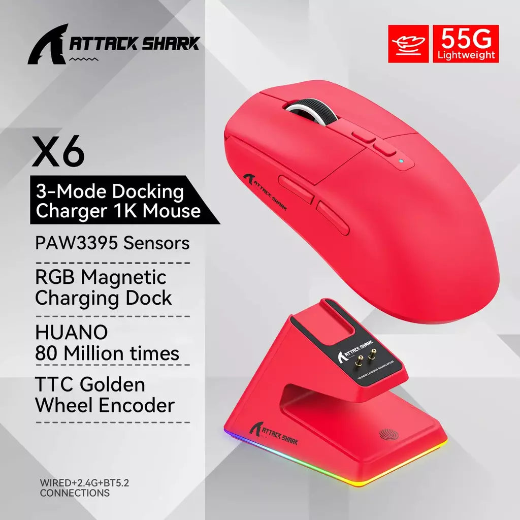 Mouse sem fio Attack Shark X6 PAW3395, conexão tri-mode Bluetooth, base de carregamento magnético RGB Touch, mouse macro para jogos