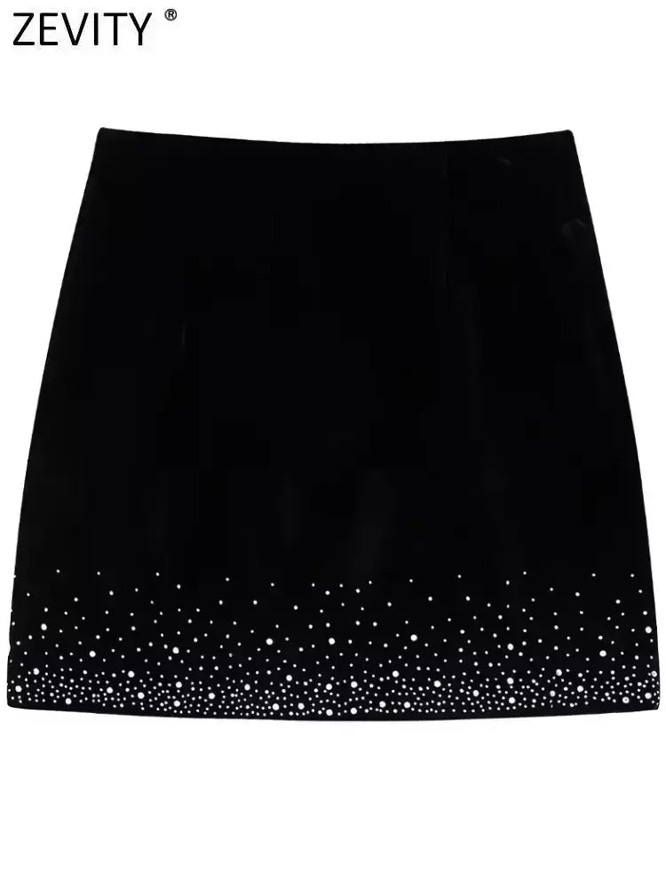 Mini saia de veludo com lantejoulas Zevity feminina, zíper lateral chique feminino, saias lápis, bainha Shinning, nova moda, QUN255