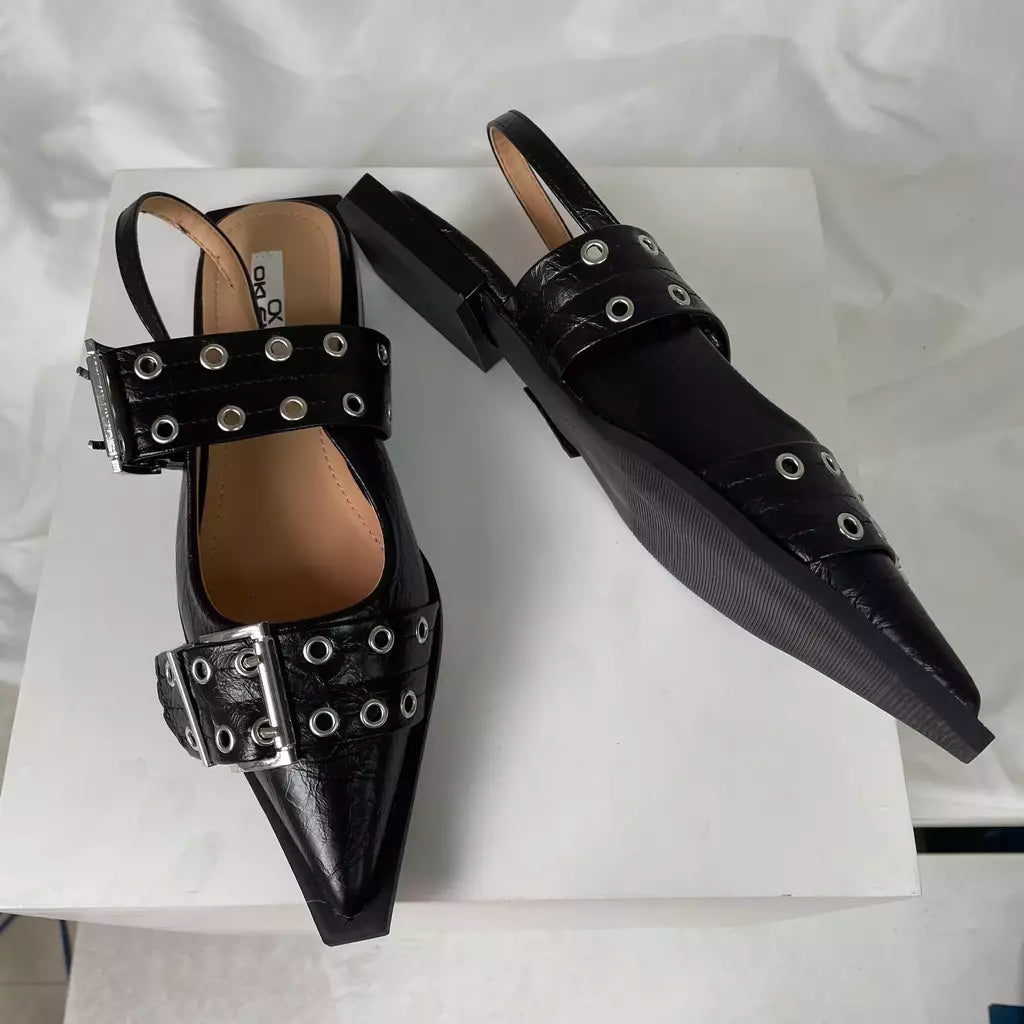 Sandálias femininas de dedo apontado, calçados rasos, Slingbacks, sapatos femi
