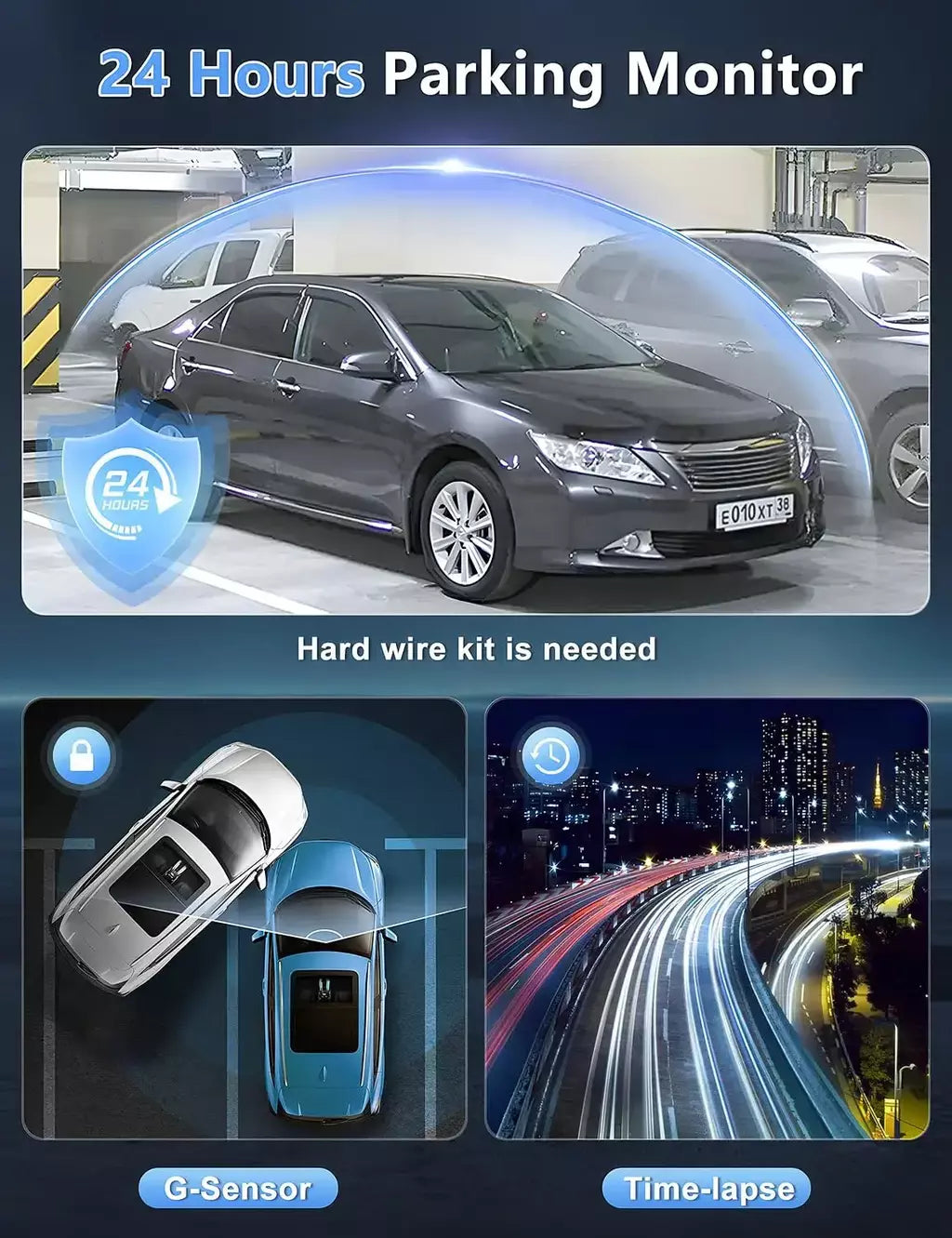 Kocam 4K UHD Dash Cam WiFi Carro DVR Dianteira e Traseira Lente Dupla Câmera Auto para Carro com Visão Noturna 24H Monitor de Estacionamento Caixa Preta