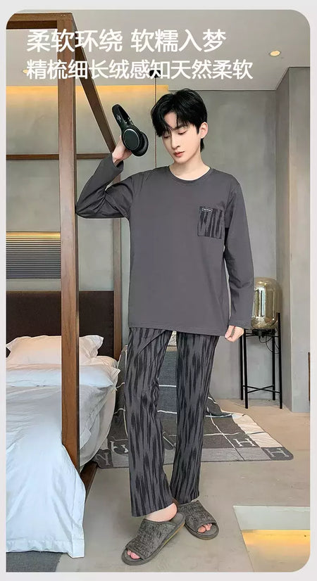 Pijama de algodão de duas peças masculino, calça de manga comprida, traje caseiro, estudante e adolescente, novo outono