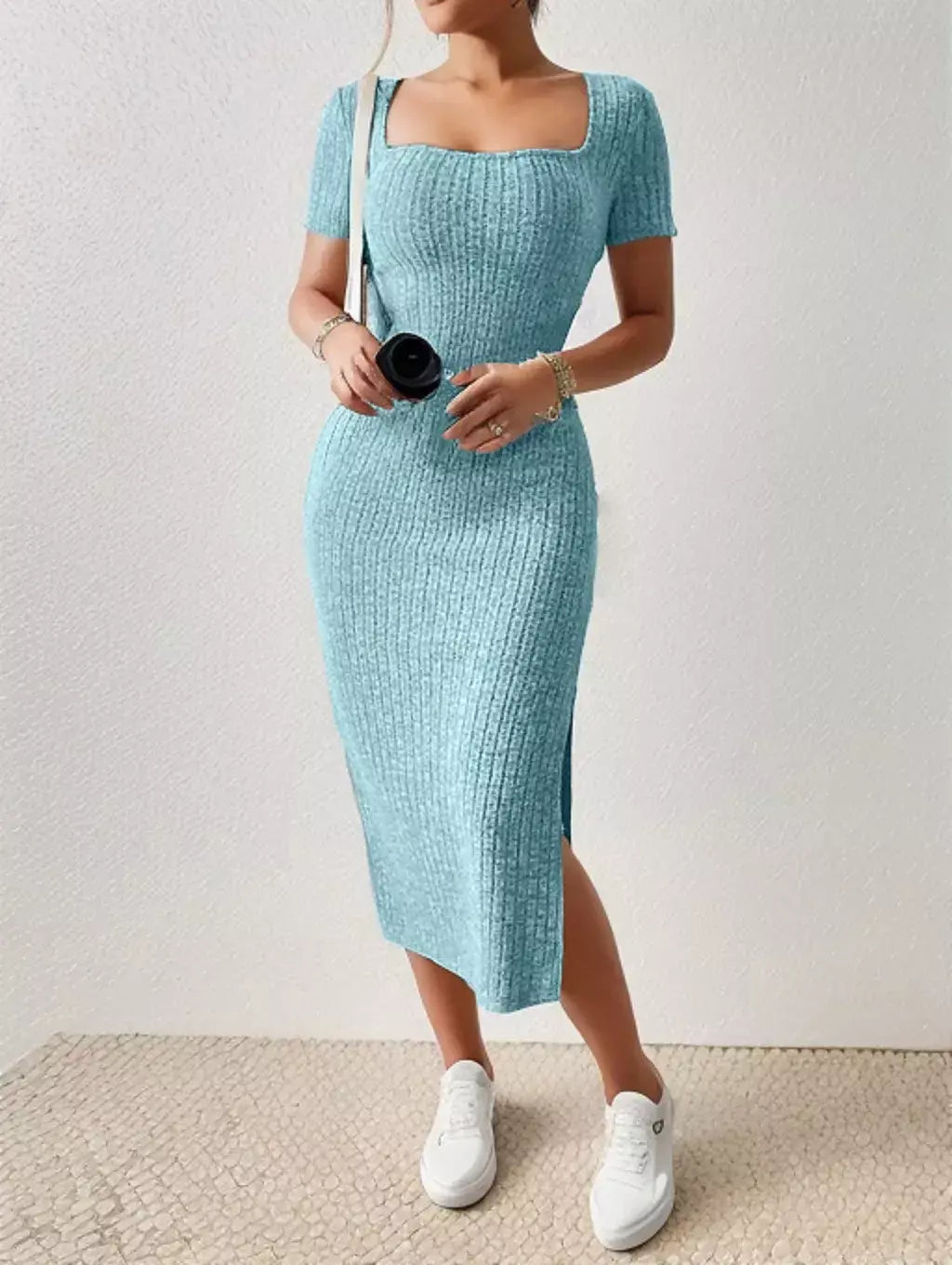 Vestidos de verão para mulheres, decote quadrado, cobertura de quadril, saia de comprimento médio, manga curta, versátil, vestido de fenda de malha