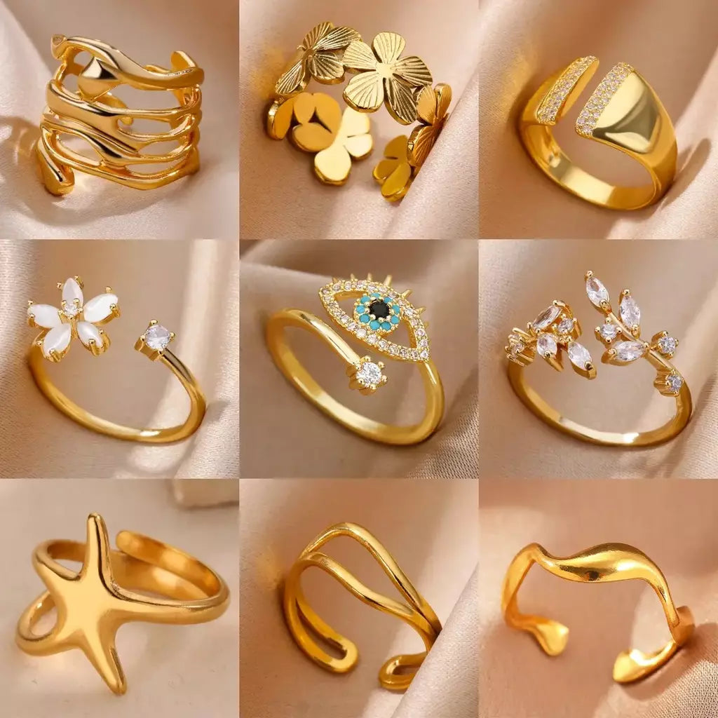 Anéis geométricos de zircônia de aço inoxidável para mulheres luxo mau olhado cor dourada ajustável na moda casamento estética jewerly presente
