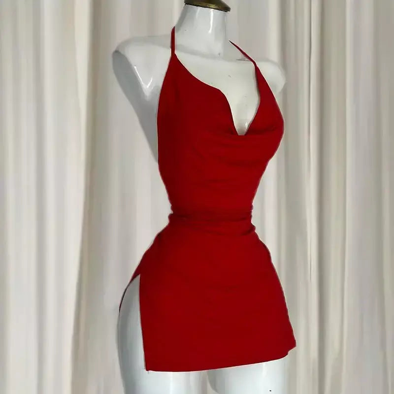 Vermelho decote em v sem costas vestido bandagem elegante irregular magro doce coreano feminino mini vestidos 2025 nova moda boate sexy menina