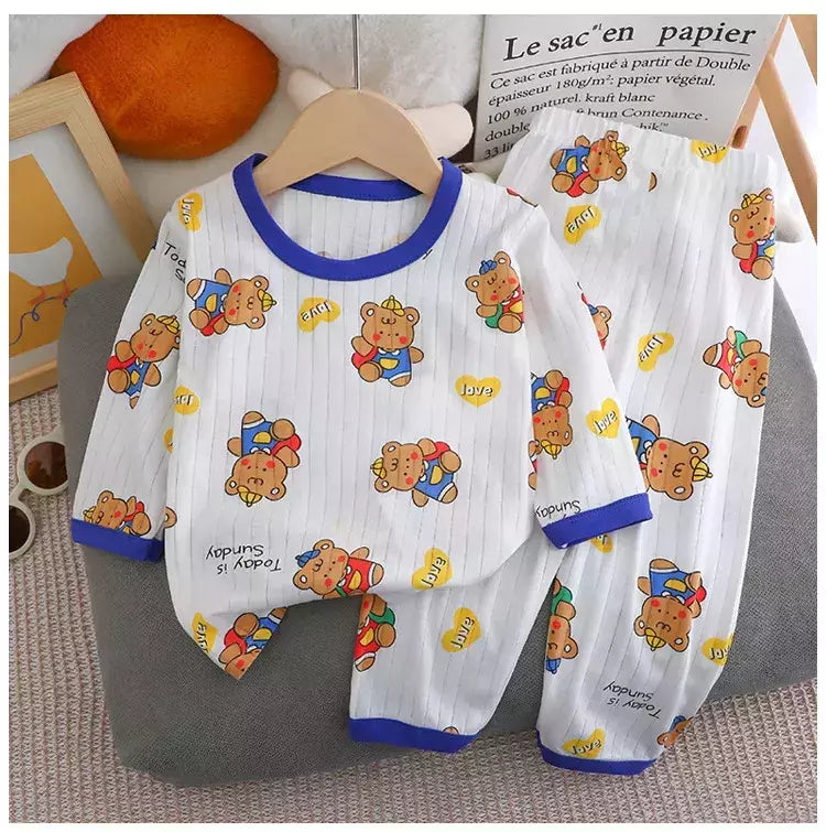 Pijama de algodão puro para meninos e meninas, camiseta fina de manga comprida, tops e calças lindos desenhos animados, conjuntos de roupas infantis, verão, novo, 2022