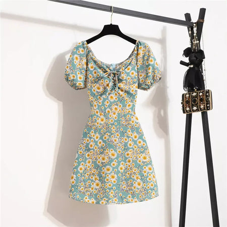 Mulheres mini vestidos de verão moda feminina vestidos impressão floral chiffon vestidos shirring plissado manga curta inchado vestido casual