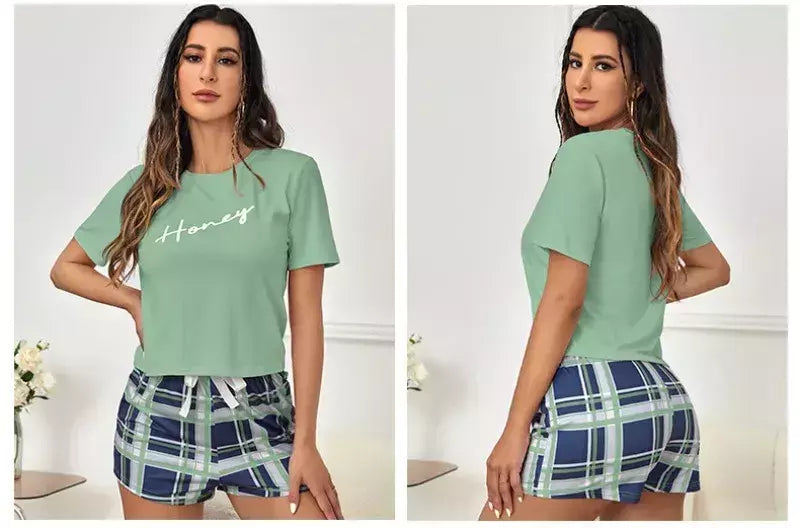 Conjunto pijama xadrez feminino, top e shorts casuais de manga curta, pijamas femininos, pijamas para casa, loungewear, 2 peças, verão, 2024