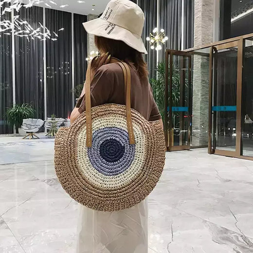 Bolsa de ombro redonda de palha de verão, bolsa de mão feminina de grande capacidade, artesanal, bolsas de praia de vime da moda, bolsa de mão, férias
