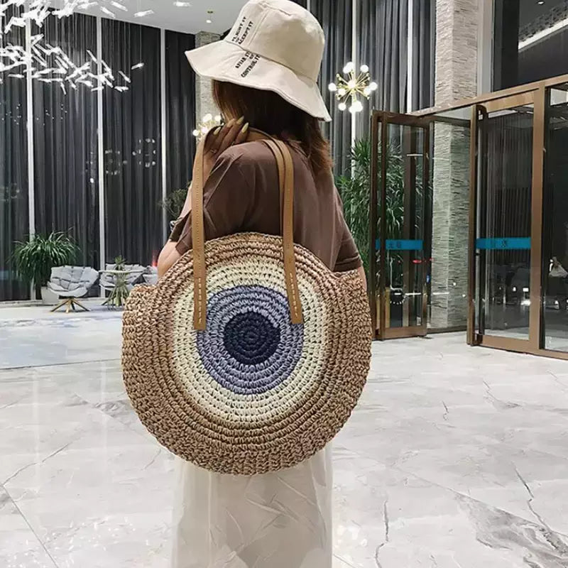 Bolsa de ombro redonda de palha de verão, bolsa de mão feminina de grande capacidade, artesanal, bolsas de praia de vime da moda, bolsa de mão, férias