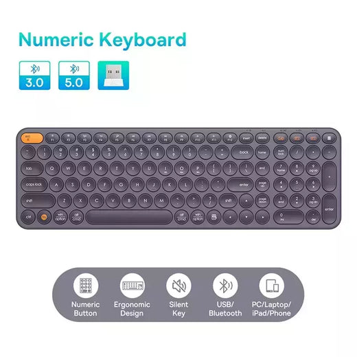 Baseus-Teclado Ergonômico Sem Fio, 2.4G, Bluetooth 5.0, Keycap Numérico, Office Game, Tablet, PC, iPad, MacBook, Laptop