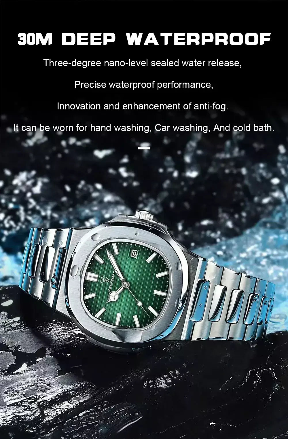 Poedagar quadrado na moda relógio de pulso masculino luminoso à prova dwaterproof água relógio de aço inoxidável para homem data quartzo negócios relógios masculinos reloj