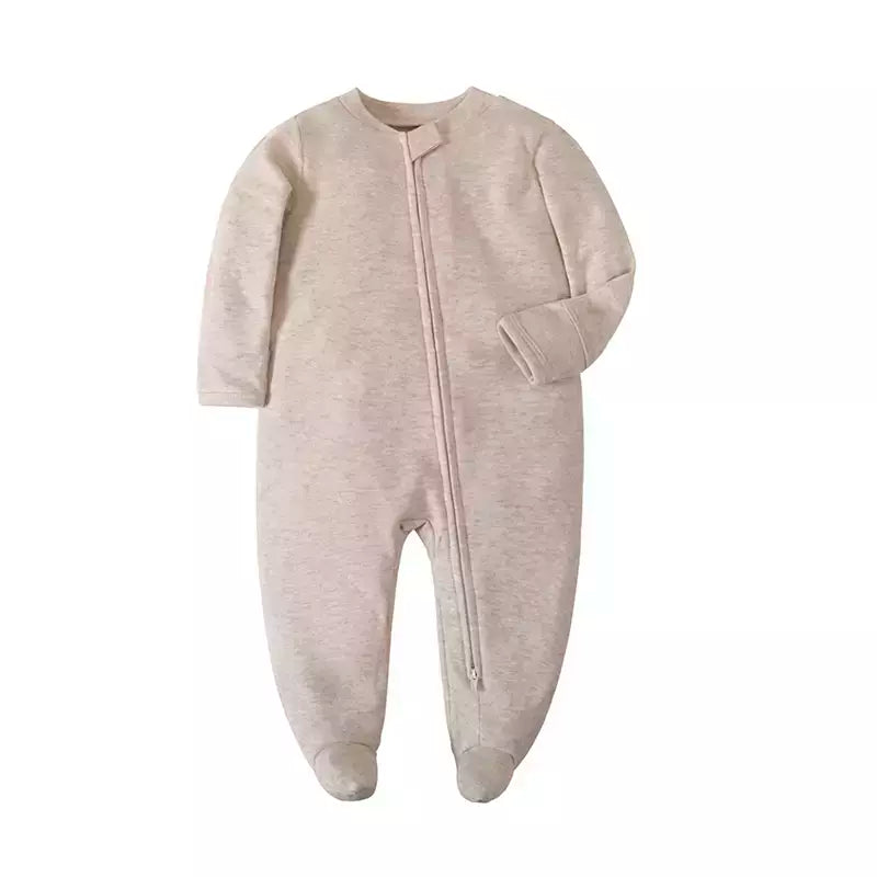 Pijama recém-nascido com zíper, macacão menina e menino, macacão manga comprida, roupa de algodão, moda branca sólida, 0-12 meses, primavera