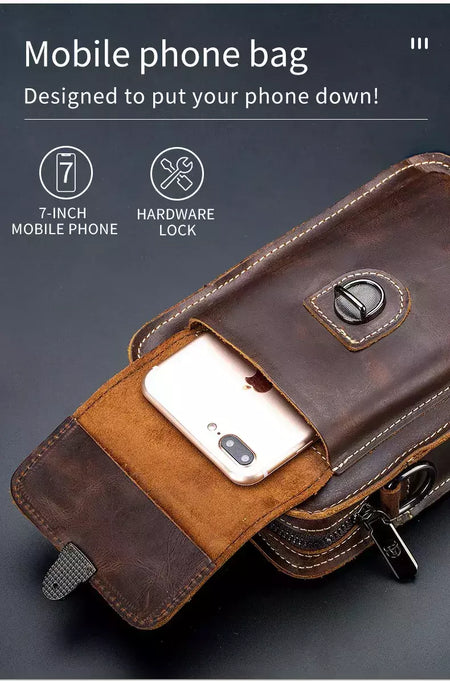 BULLCAPTAIN-Pacotes de Cintura de Couro Genuíno para Homens, Cinto Casual, Bolsa de Telefone Móvel 100% Couro Pequena Bolsa de Ombro