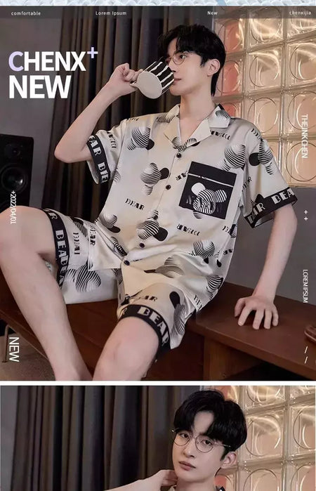 Pijama de seda gelo de duas peças masculino, shorts de manga curta, seção fina, estudante, terno homewear adolescente, verão, novo