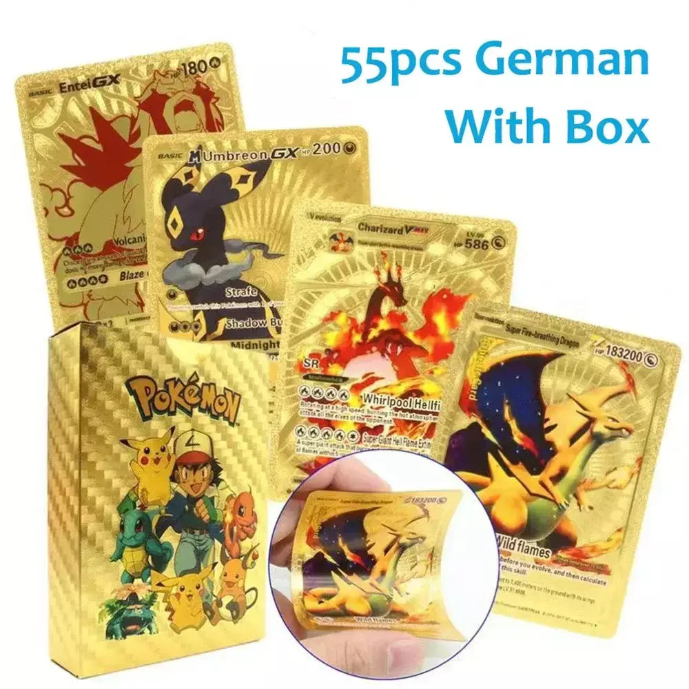 Cartão de folha de ouro colorido pokemon charizard pikachu arceus prata preto arco-íris inglês francês alemão espanhol vstar gx vmax cartões