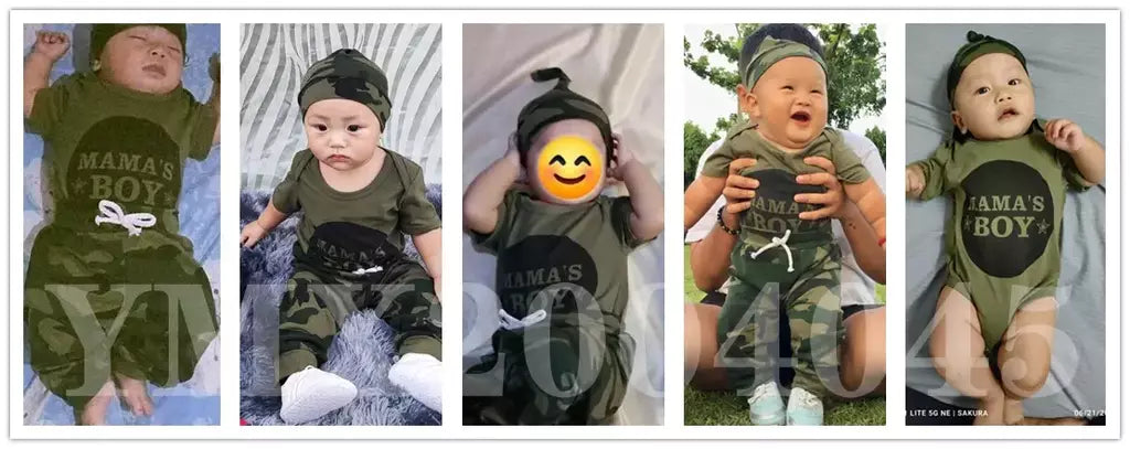 Conjunto de roupas para bebês recém-nascidos de 0 a 18 meses, estampa de letras, body de manga curta + calças camufladas + chapéu, 3 peças, roupas de verão para meninos