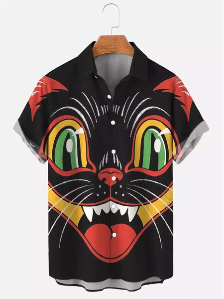 Camisa havaiana dos desenhos animados de anime masculino, Tops de manga curta, roupas casuais masculinas, rua, animais, gatos, retrô, 3D Tees, verão