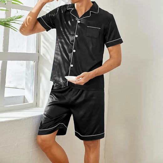 Pijama de cardigã de seda gelada masculino de manga curta, cardigã simples, roupa doméstica pura colorida, tamanho grande, pijamas de duas peças, senior sense