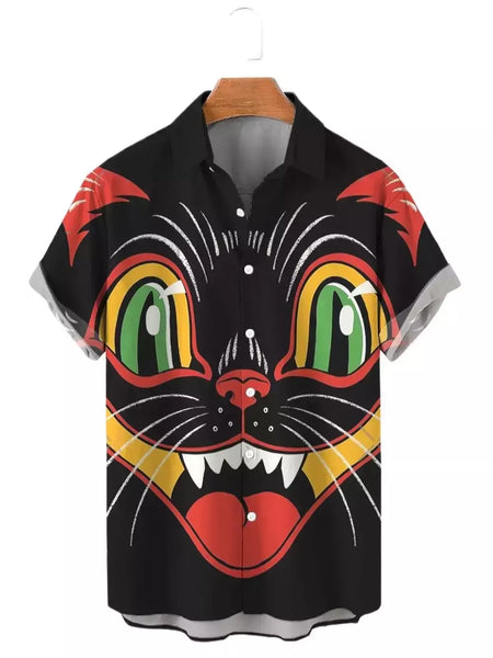 Camisa havaiana dos desenhos animados de anime masculino, Tops de manga curta, roupas casuais masculinas, rua, animais, gatos, retrô, 3D Tees, verão