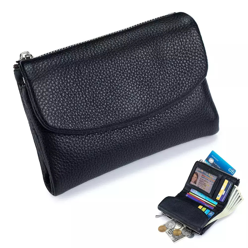 Genuína Couro De Vaca Carteira Curta Para Mulheres, Trifold, Pequenas Bolsas, Clutch Couro De Vaca, Titular Do Cartão, Carteiras Do Cartão De Viagem