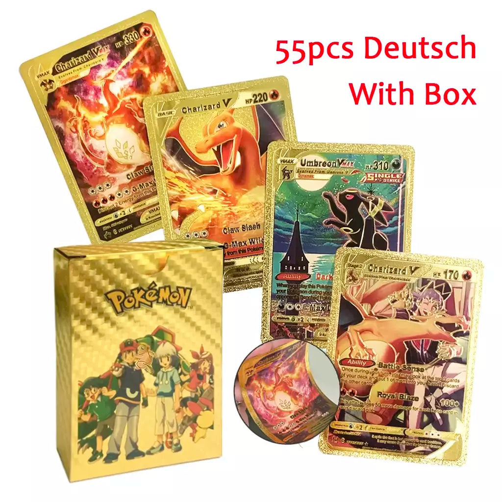 Novo 27-110 pçs cartas pokemon cartões francês inglês espanhol alemão folha de ouro silve cartões charizard vmax gx jogo coleção cartão