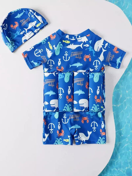Maiô flutuante para crianças, roupa de banho de uma peça para crianças, flutuante, proteção contra queimaduras, estampa de desenho animado, meninas, meninos, roupas de natação