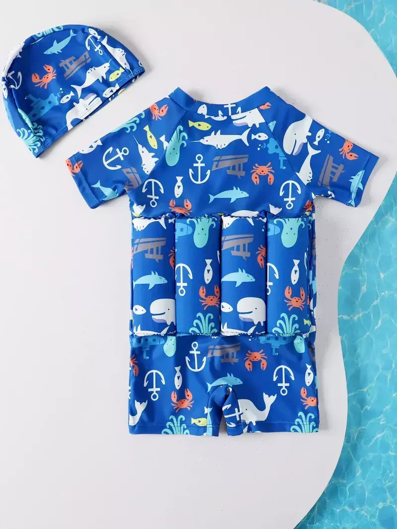 Maiô flutuante para crianças, roupa de banho de uma peça para crianças, flutuante, proteção contra queimaduras, estampa de desenho animado, meninas, meninos, roupas de natação