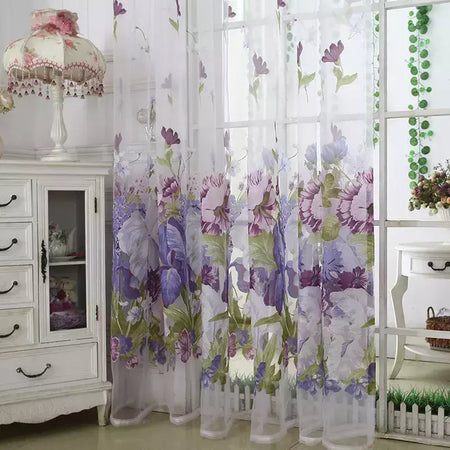 Tule Floral em Cortinas Puras, Tratamento Janela, Painel Persianas, Sala de estar, Quarto, Cozinha, Sombra, Roxo, Peônia