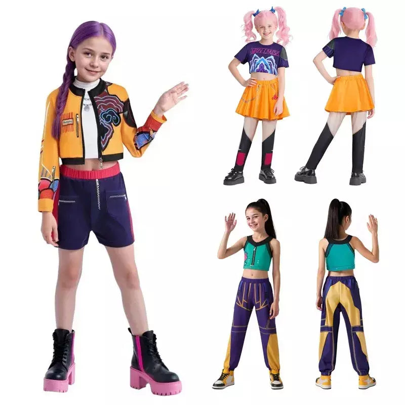 Halloween crianças zoey mira rumi cosplay traje carnaval, k-pop caçadores menina grupo ídolo role play vestir-se terno