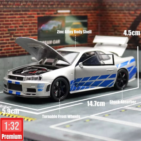 1/32 nissan skyline gtr r34 jdm modelo de carro de brinquedo diecast veículo em miniatura som & luz puxar para trás coleção presente crianças menino