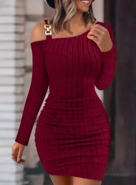 Sexy corrente fora do ombro mini vestido feminino outono moda bodycon vestidos de manga longa para mulheres inverno magro malha vestidos