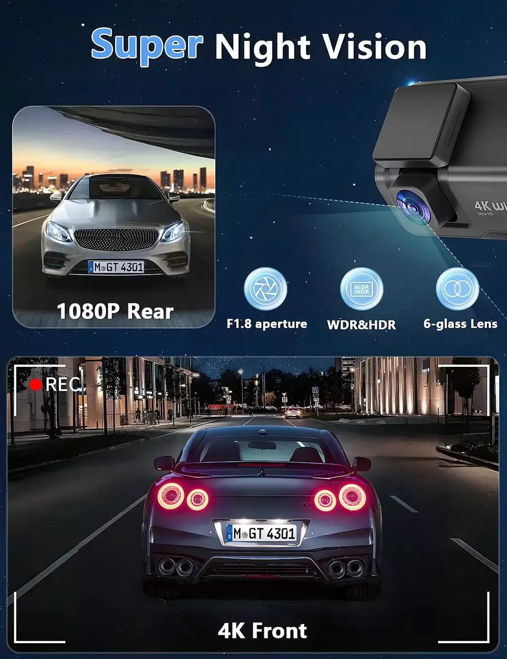 Kocam 4K UHD Dash Cam WiFi Carro DVR Dianteira e Traseira Lente Dupla Câmera Auto para Carro com Visão Noturna 24H Monitor de Estacionamento Caixa Preta
