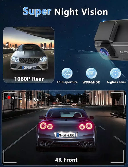 Kocam 4K UHD Dash Cam WiFi Carro DVR Dianteira e Traseira Lente Dupla Câmera Auto para Carro com Visão Noturna 24H Monitor de Estacionamento Caixa Preta
