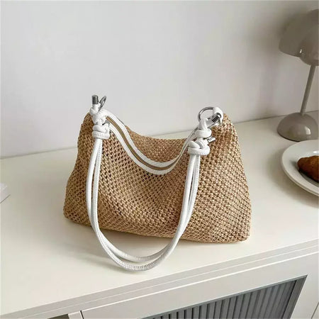 Saco de palha tecido Rattan para senhoras, sacola de grande capacidade, bolsa trançada artesanal, bolsa de ombro, moda