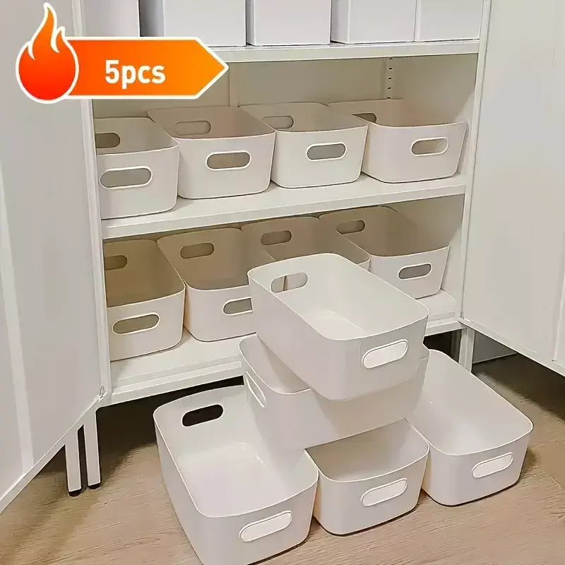 Conjunto de caixa de armazenamento empilhável de 5 peças, recipientes organizadores de plástico retangulares, duráveis, reutilizáveis, para cozinha, banheiro, itens essenciais para dormitório