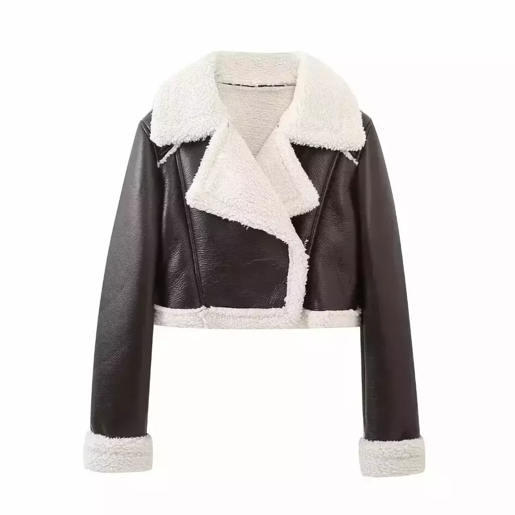 Jaqueta de shearling falso feminina, casaco de pele de carneiro, jaquetas retrô motociclista, tops, inverno