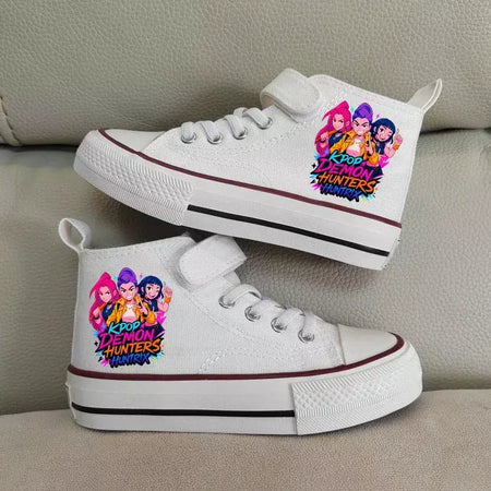 Novas crianças sapatos de lona de alta qualidade meninas sapatos kpop demônio caçadores crianças sapatos de placa branca estudante correndo tênis sapatos brancos