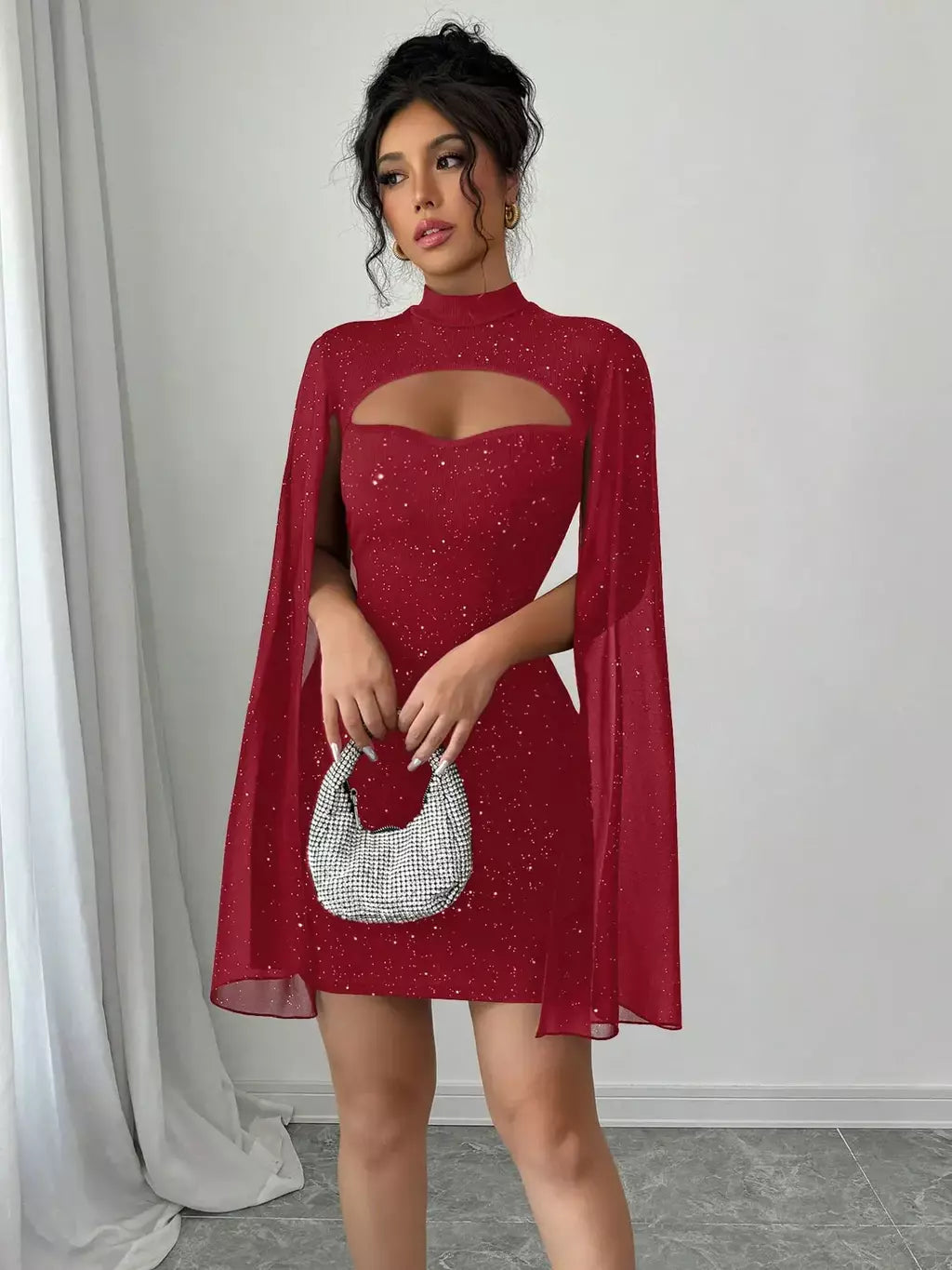 Sexy feminino gola capa mini vestido lantejoulas espumante clube festa noite fora cabido bodycon elegante outono inverno