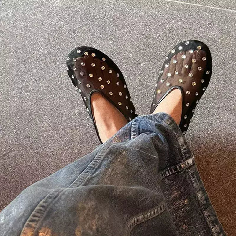 Luxo Crystal Rivet Design Sandálias de malha para mulheres, Flats leves respiráveis, Moda Comfort Mules Shoes, Mocassins elegantes, Ballet Shoes