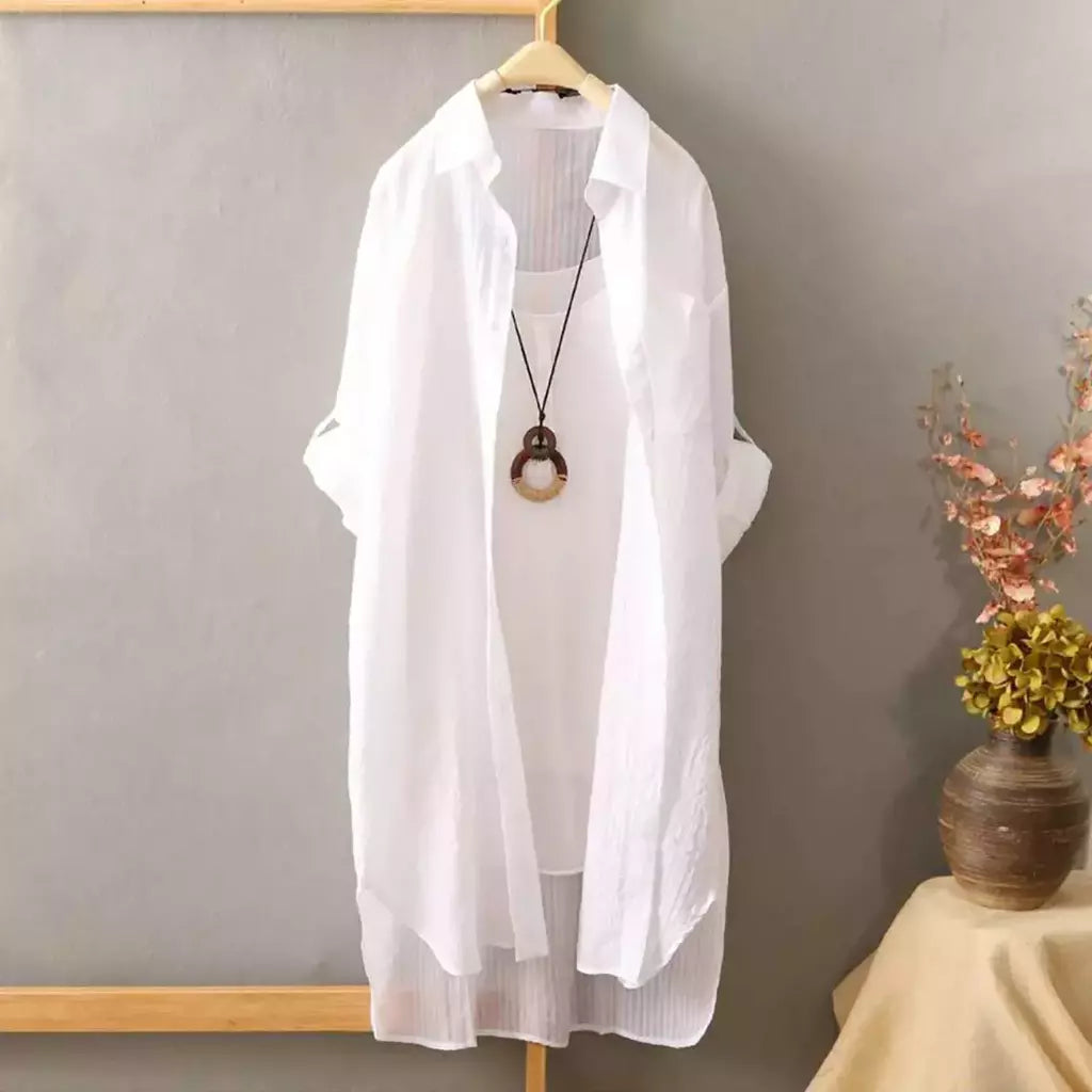 Camisa solta de comprimento médio feminina, tops de manga comprida, blusa casual, casaco feminino, moda verão