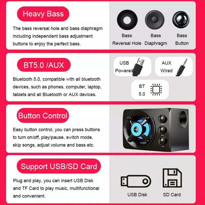 Alta-falantes estéreo 3d de alta fidelidade colorido led luz pesada aux usb com fio sem fio bluetooth áudio home theater barra de som surround tv