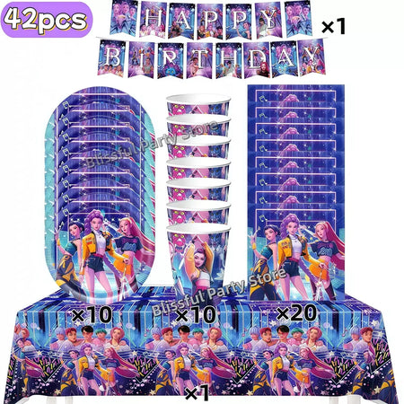 Conjunto de talheres para decoração de festa de aniversário, caçadores de demônios, copo, prato, guardanapo, banner, balão, meninas, coreano, kpop, anime, suprimentos de festa, decoração