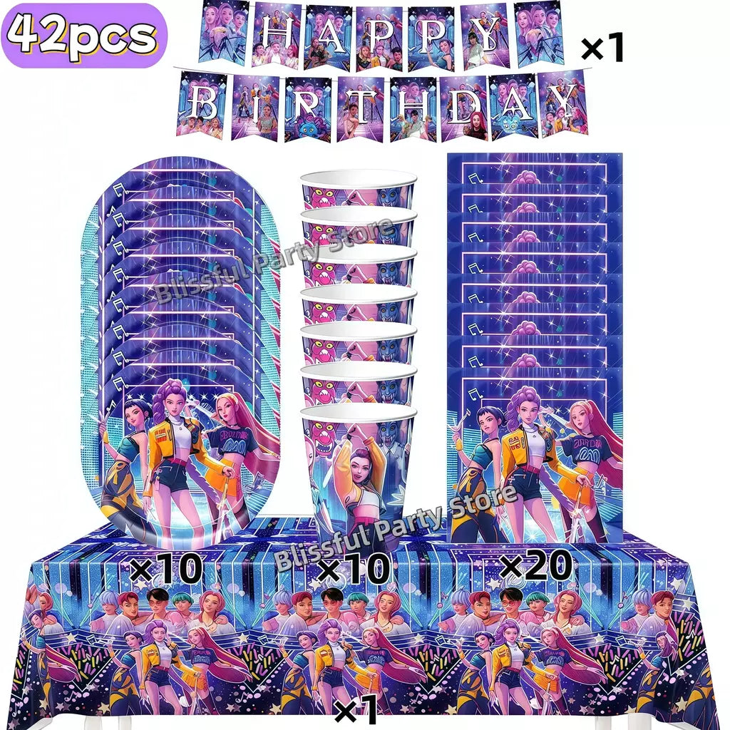 Conjunto de talheres para decoração de festa de aniversário, caçadores de demônios, copo, prato, guardanapo, banner, balão, meninas, coreano, kpop, anime, suprimentos de festa, decoração