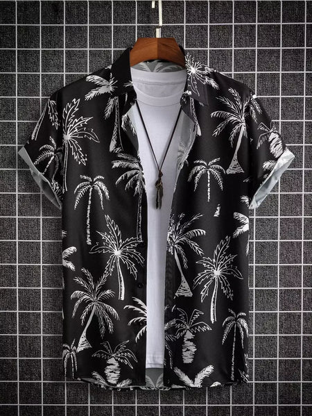 Camisa de lapela masculina de manga curta, estilo havaiano, padrão tropical de coqueiro, tops grandes, férias de verão