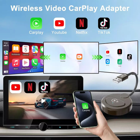 Adaptador sem fio Carplay com Youtube/Netflix/Tiktok, dongle USB Carplay sem fio para Carplay com fio de fábrica para Wireless