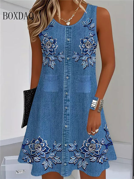 2025 mulheres verão sem mangas vestido boêmio moda imitar cowboy colete flores impressão vestido casual tanque vestidos de praia para mulher